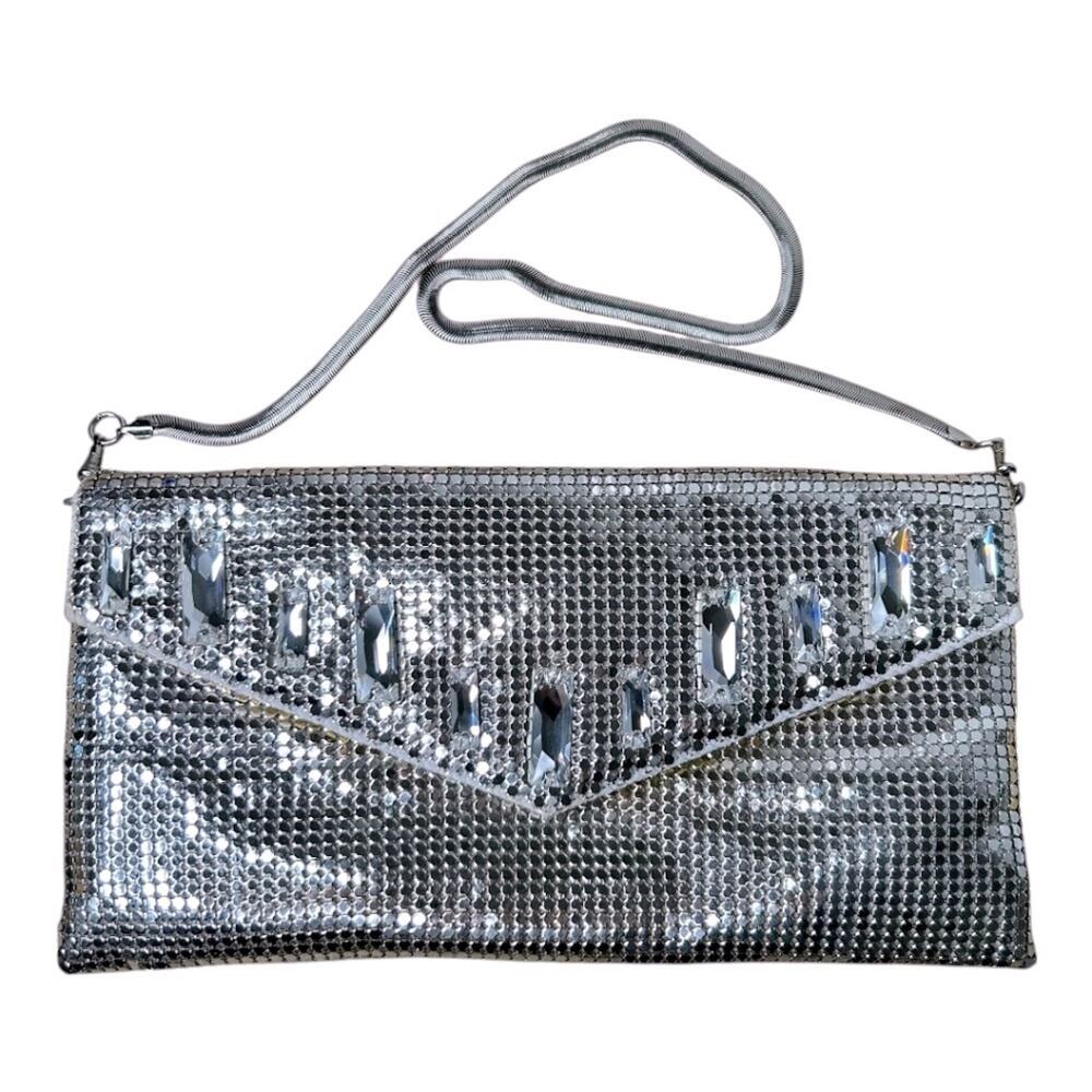 Whiting and Davis Silver Mesh Evening Clutch Shoulder Bag Crystal Embellished